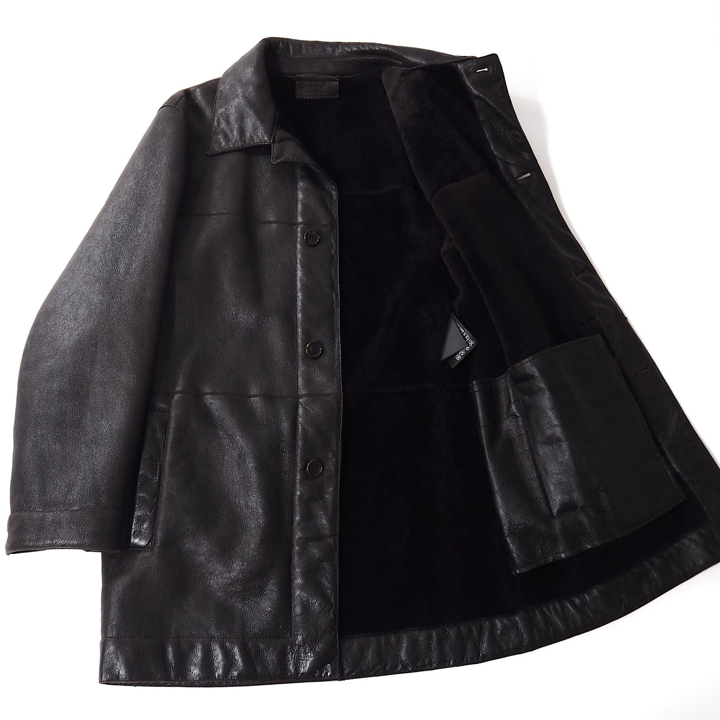 良品 プラダ PRADA ヴィンテージ シープスキン ムートン レザージャケット 48 ダークブラウン メンズ 正規品 5-ZI005