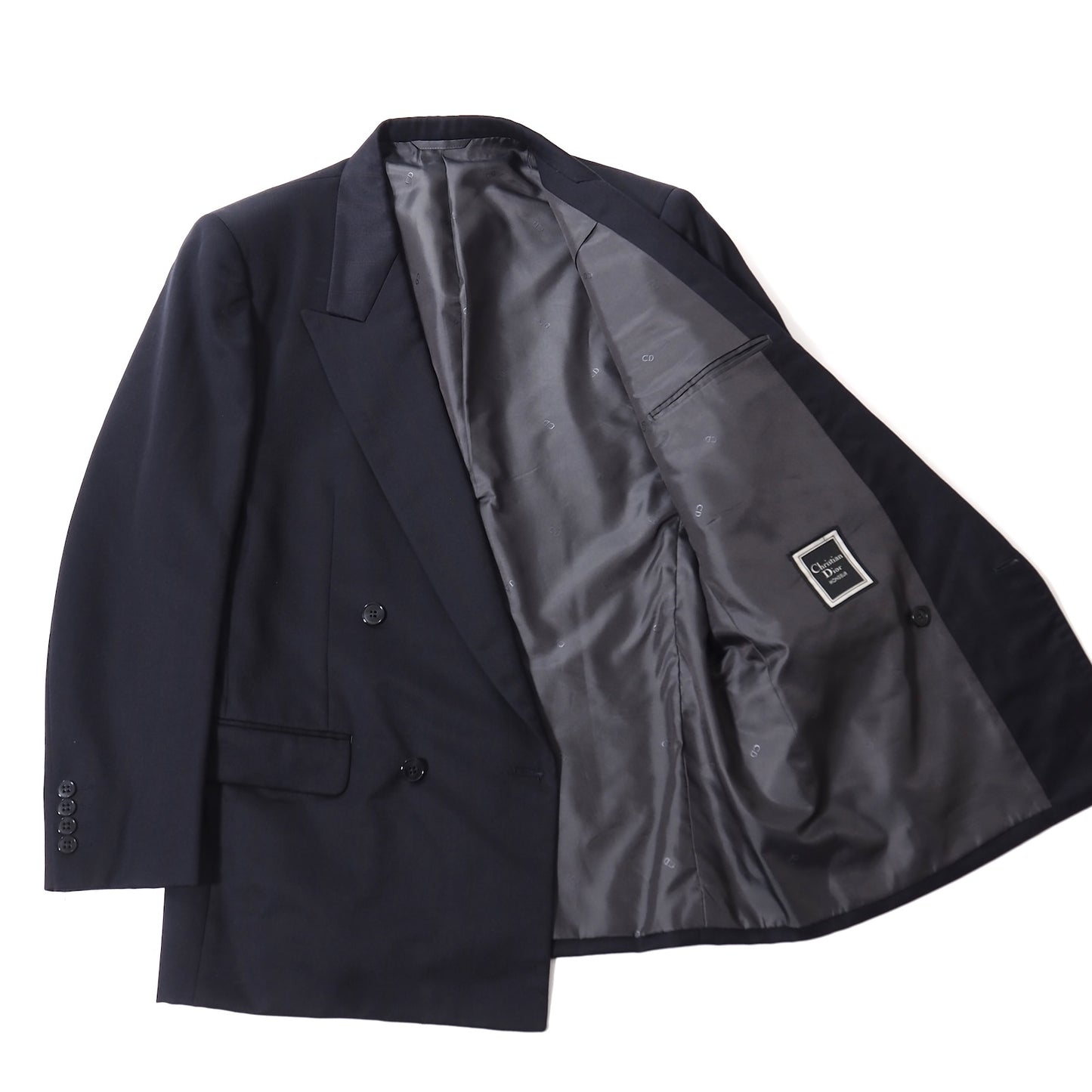 美品 クリスチャンディオール Christian Dior MONSIEUR ヴィンテージ ウール ダブルブレスト スーツ ジャケット パンツ ストライプ 94-82-175 L ネイビー メンズ 正規品 5-ZI018