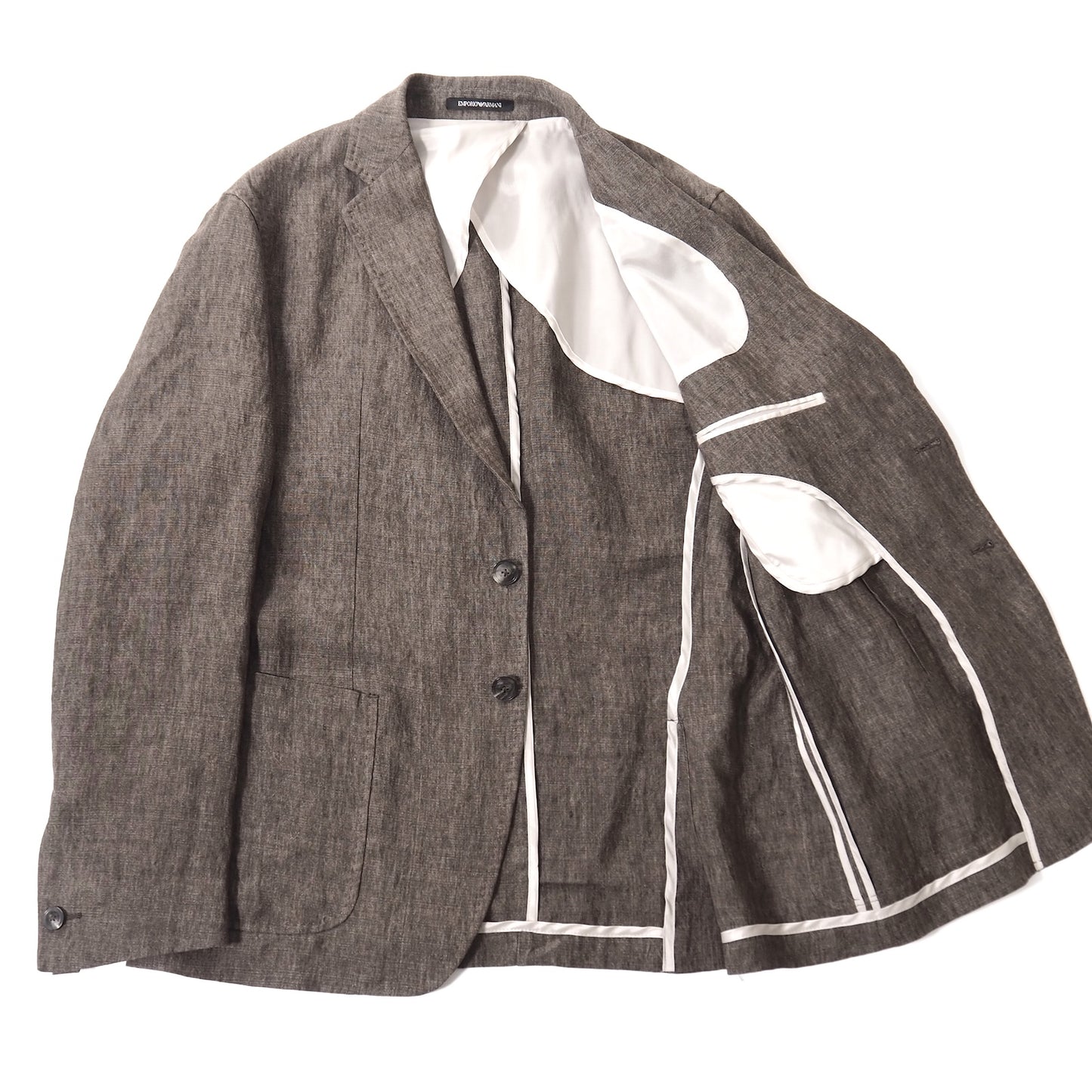 美品 エンポリオアルマーニ EMPORIO ARMANI 2024SS リネン イージー スーツ ウエストゴム ジャケット パンツ 50/48 ブラウン メンズ 正規品 5-ZI020