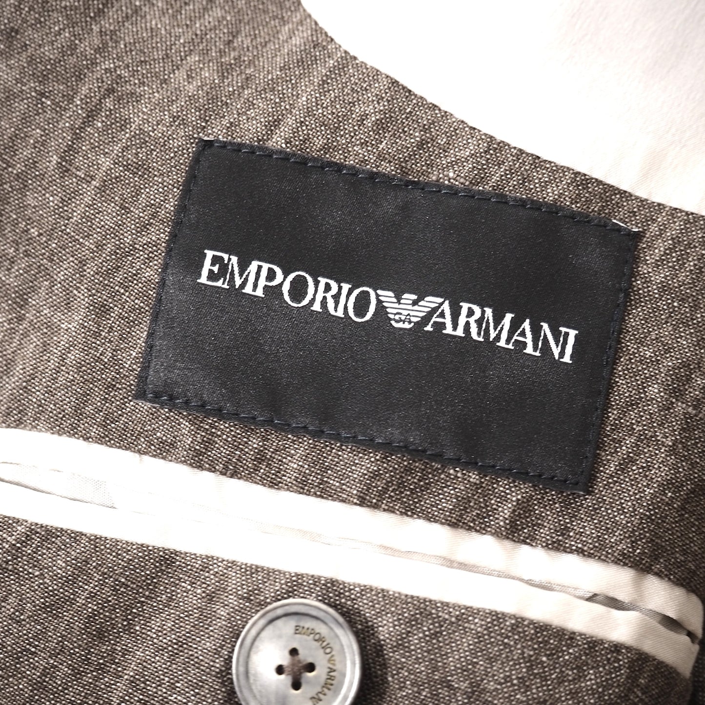 美品 エンポリオアルマーニ EMPORIO ARMANI 2024SS リネン イージー スーツ ウエストゴム ジャケット パンツ 50/48 ブラウン メンズ 正規品 5-ZI020