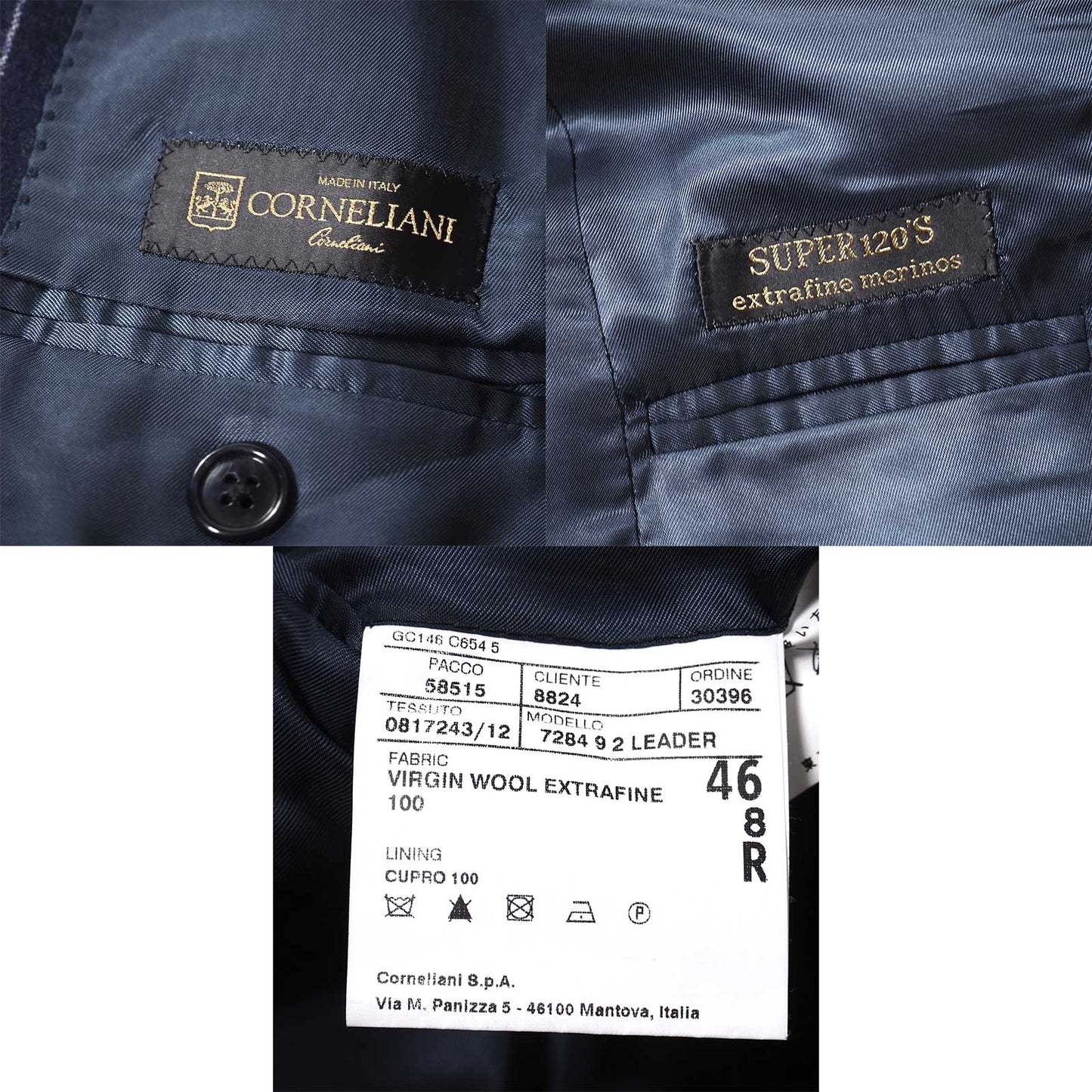 美品 コルネリアーニ CORNELIANI イタリア製 Super 120's ヴァージンウール ピークド セットアップスーツ 46 ネイビー メンズ 正規品 5-ZJ010