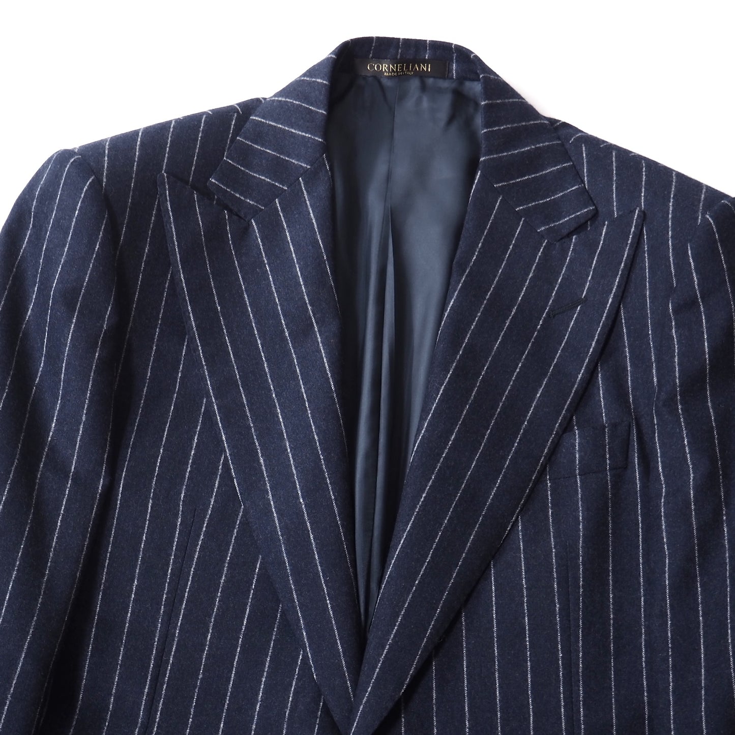 美品 コルネリアーニ CORNELIANI イタリア製 Super 120's ヴァージンウール ピークド セットアップスーツ 46 ネイビー メンズ 正規品 5-ZJ010