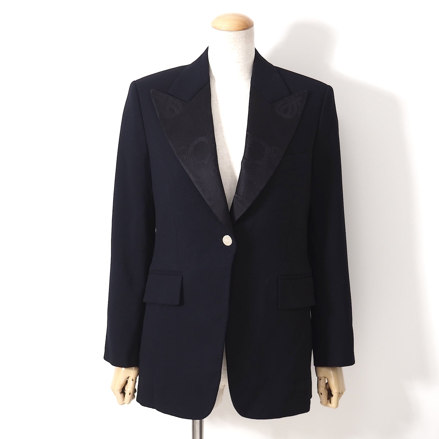 美品 エルメス HERMES 18年製 襟シルク ジャガード ヴァージンウール ジャケット 36 ネイビー レディース 正規品 5-ZJ014