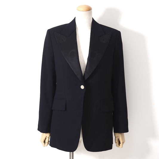 美品 エルメス HERMES 18年製 襟シルク ジャガード ヴァージンウール ジャケット 36 ネイビー レディース 正規品 5-ZJ014