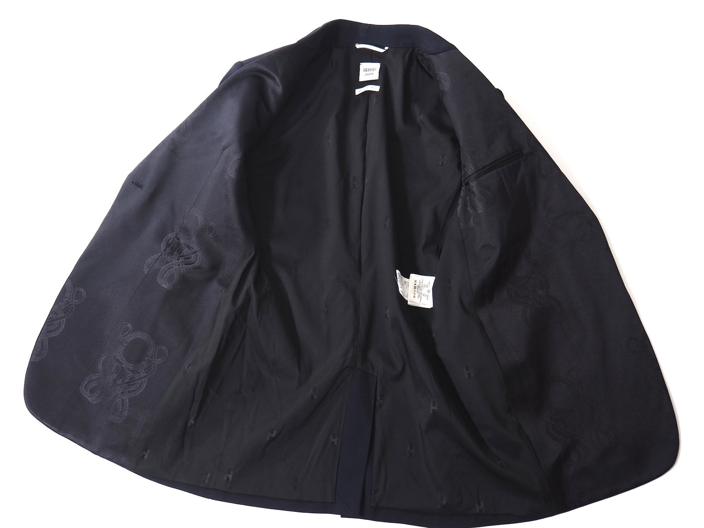 美品 エルメス HERMES 18年製 襟シルク ジャガード ヴァージンウール ジャケット 36 ネイビー レディース 正規品 5-ZJ014
