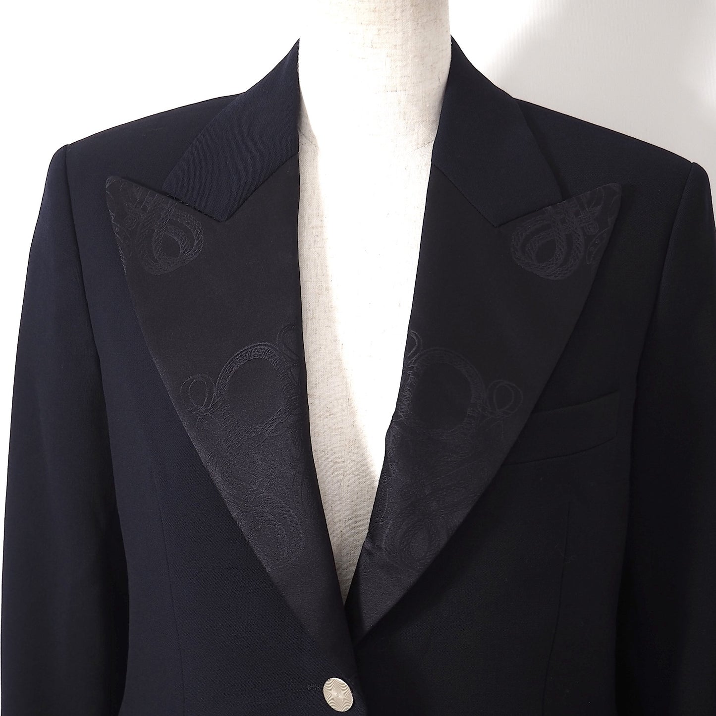 美品 エルメス HERMES 18年製 襟シルク ジャガード ヴァージンウール ジャケット 36 ネイビー レディース 正規品 5-ZJ014