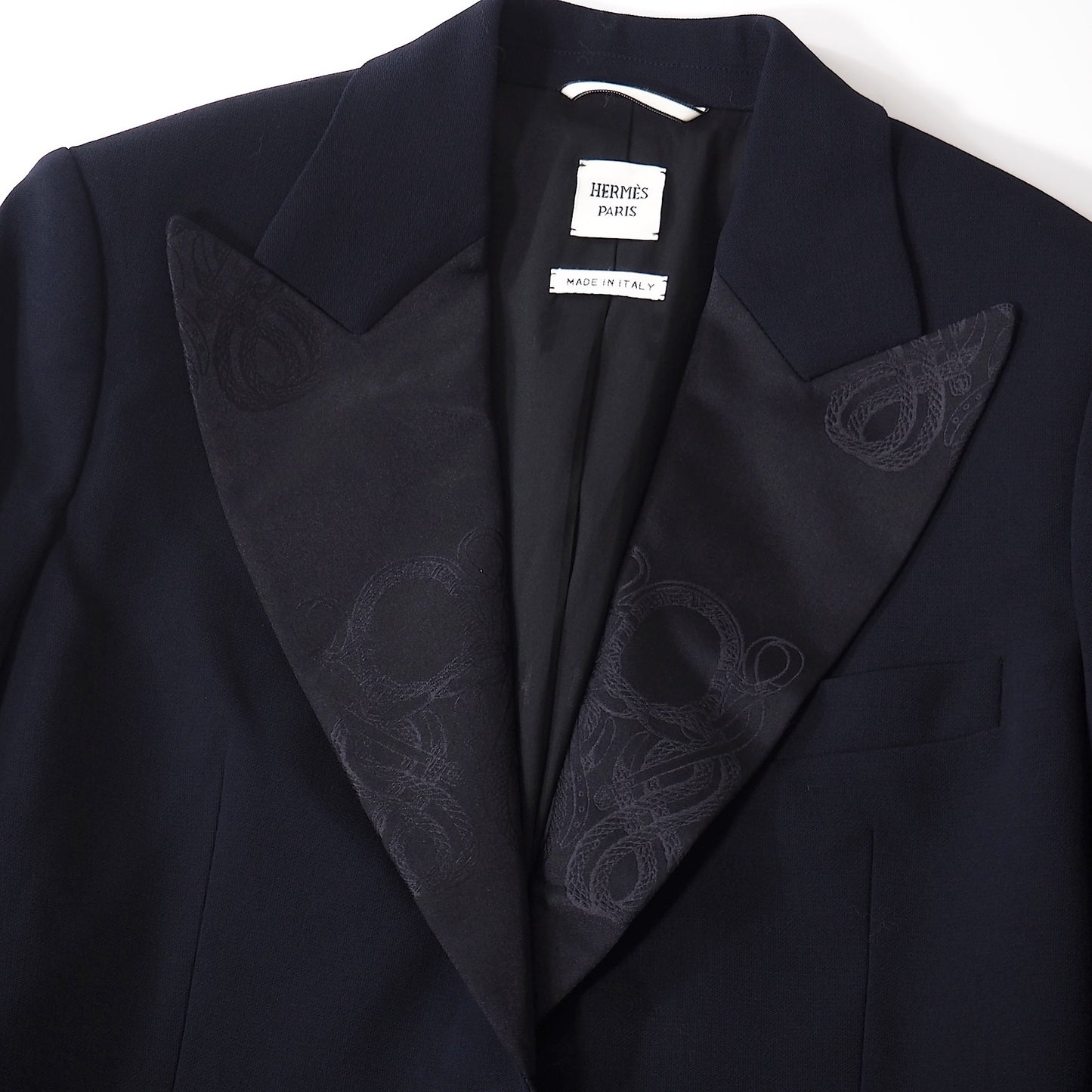 美品 エルメス HERMES 18年製 襟シルク ジャガード ヴァージンウール ジャケット 36 ネイビー レディース 正規品 5-ZJ014