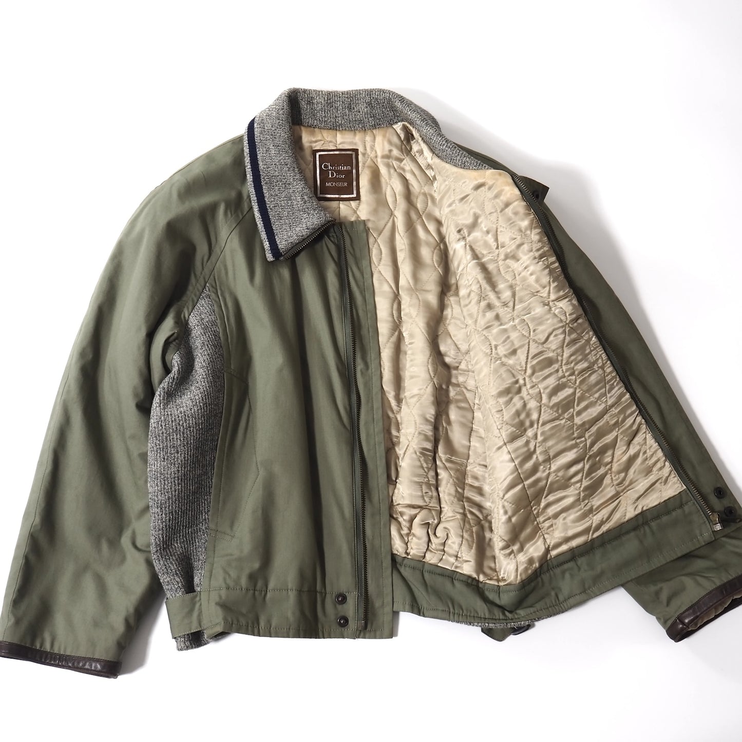 クリスチャンディオール Christian Dior MONSIEUR レザーディテール パデッド ジャケット S カーキ メンズ 正規品 5-ZJ017