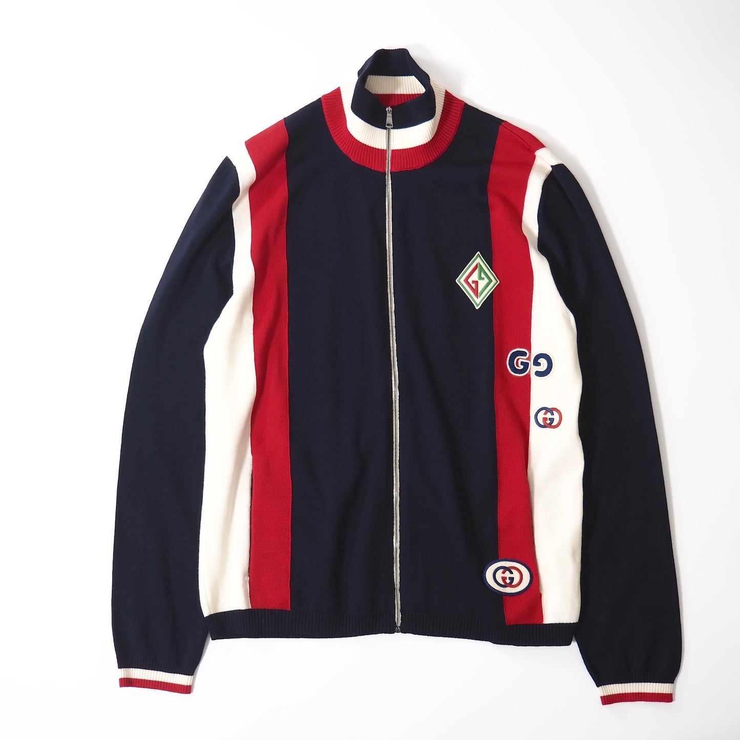 美品 グッチ GUCCI GGワッペン ウール ニット ボンバー ジャケット L ネイビー メンズ 正規品 5-ZJ023