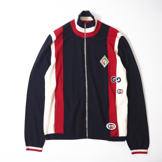美品 グッチ GUCCI GGワッペン ウール ニット ボンバー ジャケット L ネイビー メンズ 正規品 5-ZJ023
