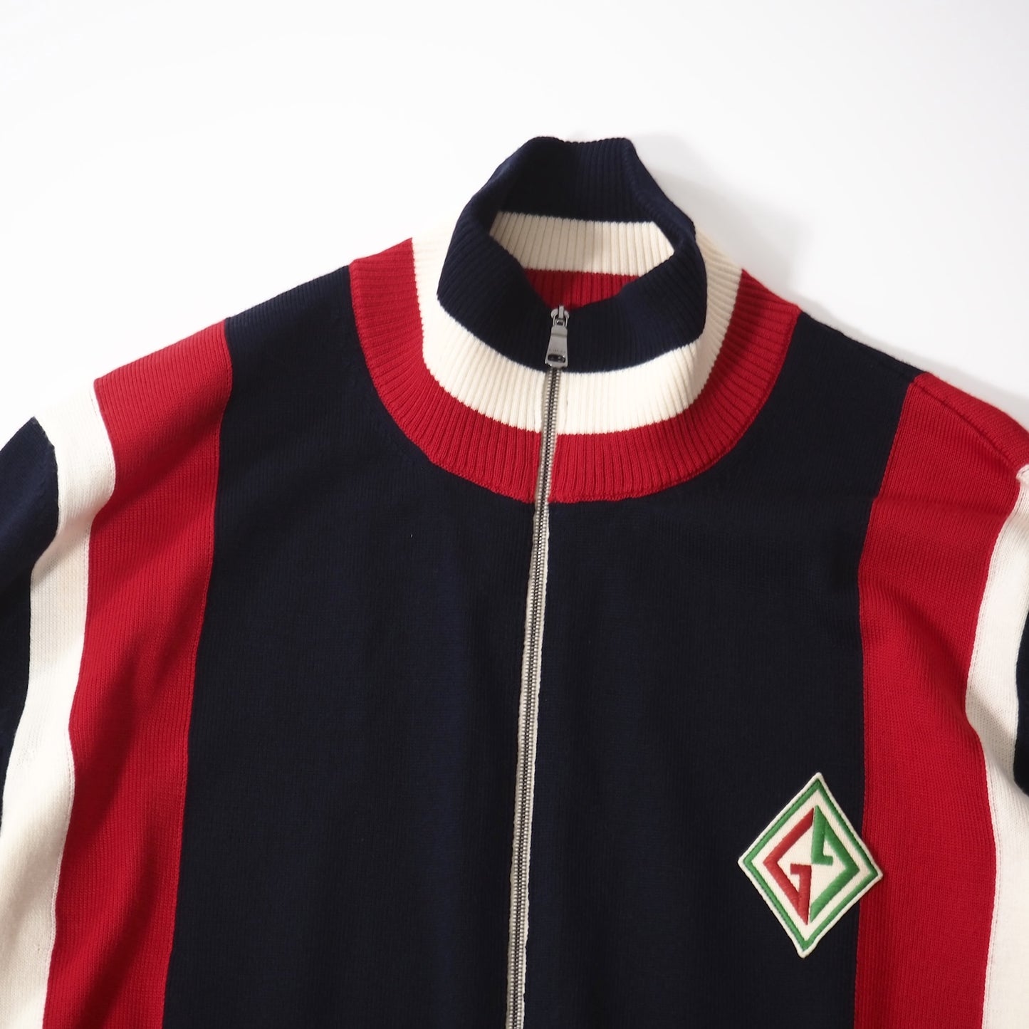 美品 グッチ GUCCI GGワッペン ウール ニット ボンバー ジャケット L ネイビー メンズ 正規品 5-ZJ023