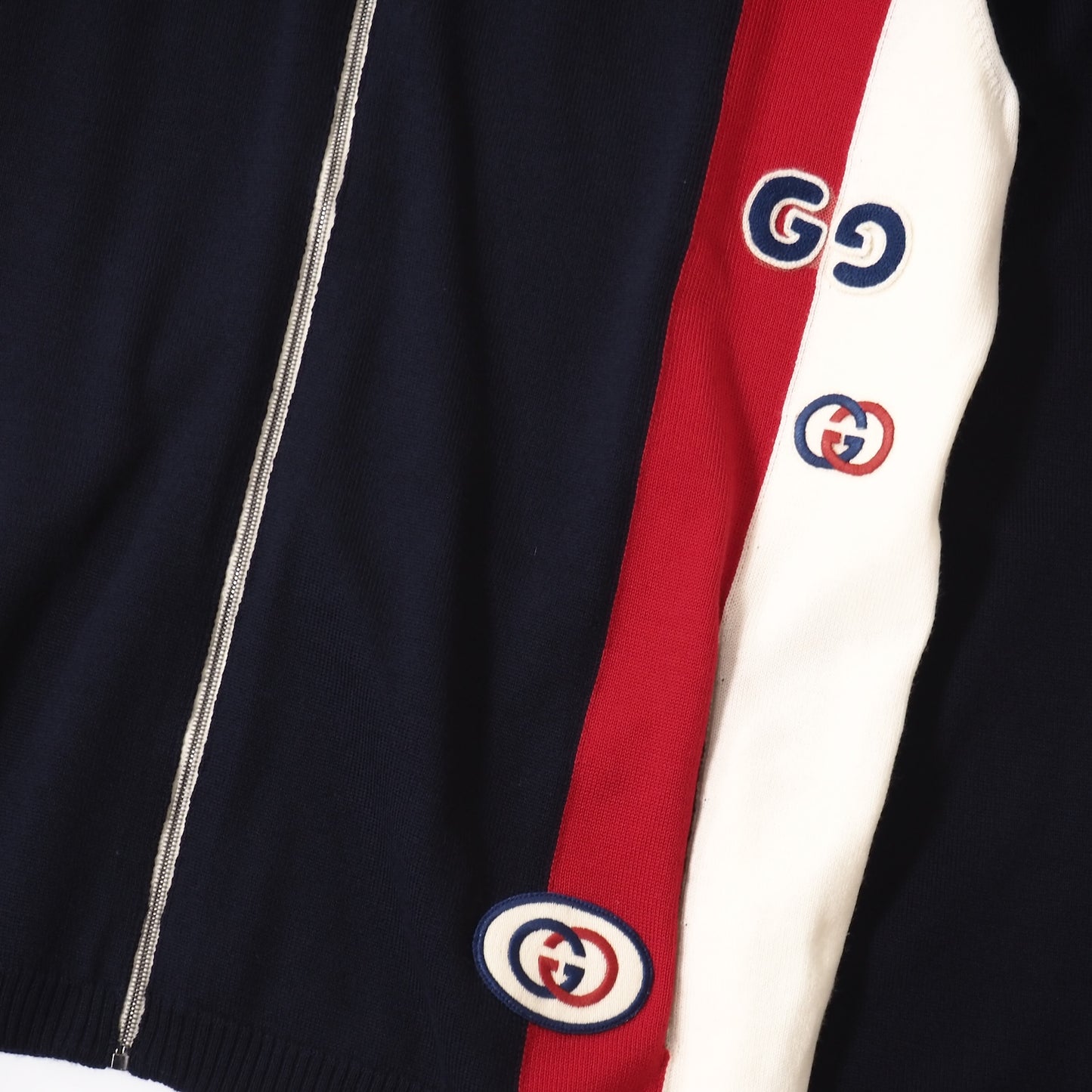美品 グッチ GUCCI GGワッペン ウール ニット ボンバー ジャケット L ネイビー メンズ 正規品 5-ZJ023