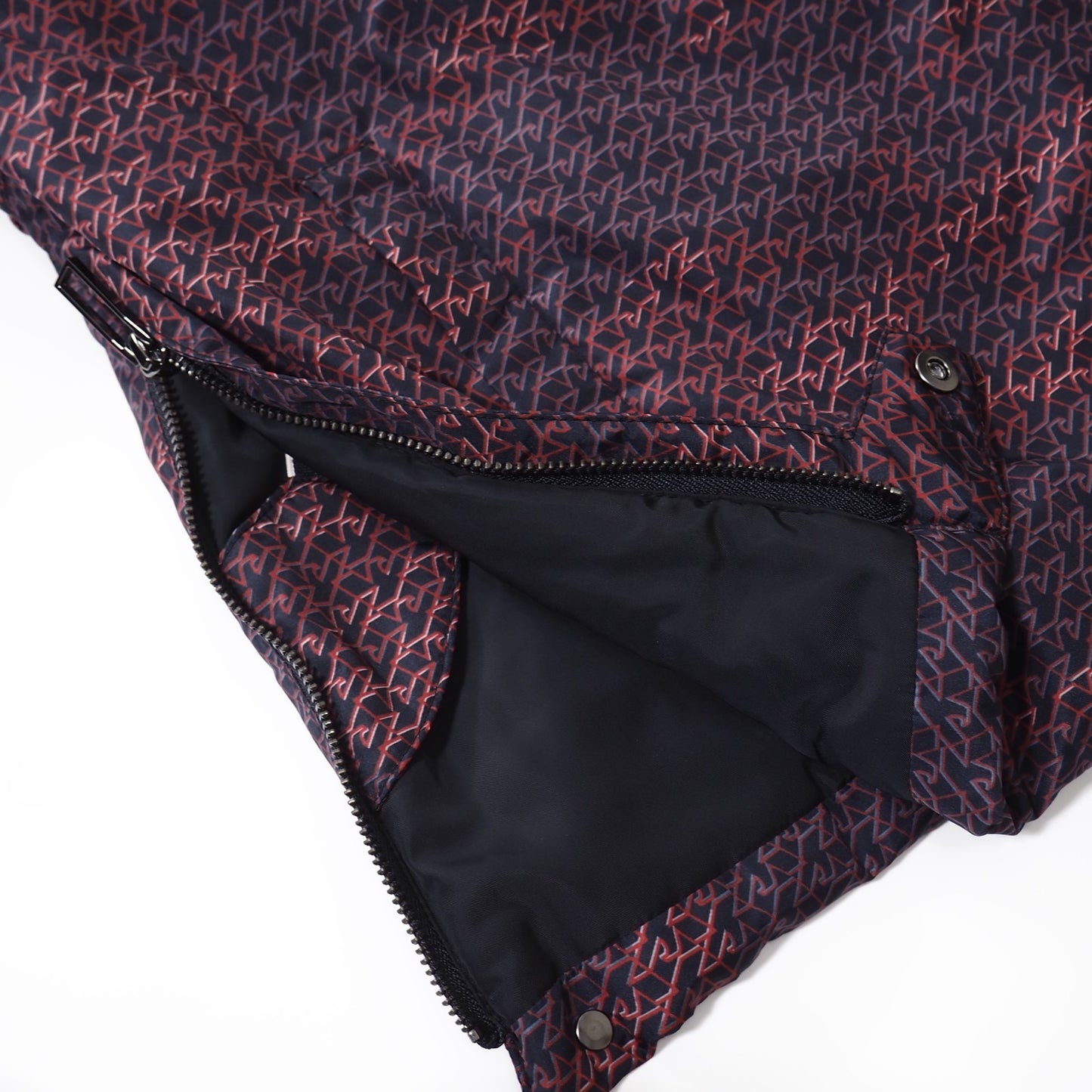 美品 エンポリオアルマーニ EMPORIO ARMANI 20年製 総柄 パデッド ジャケット 中綿 フード付き 54 ネイビー メンズ 正規品 5-ZJ026