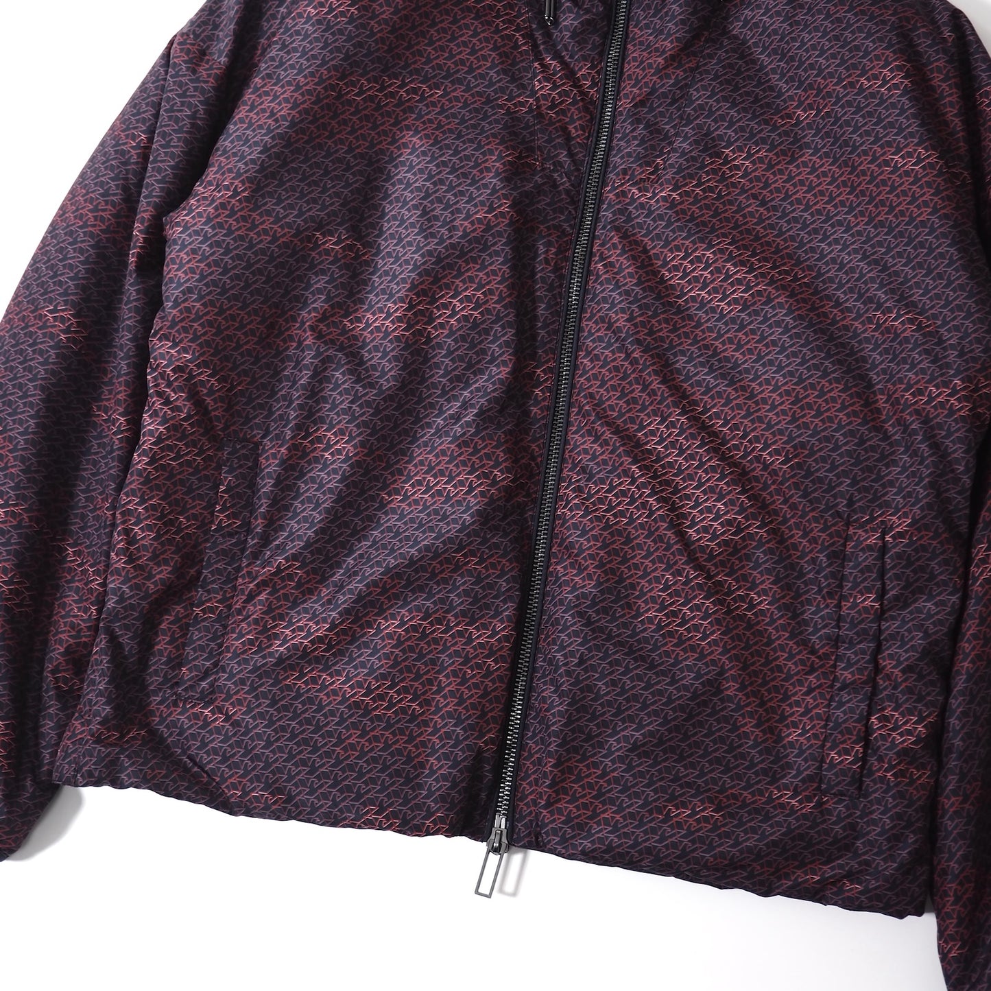 美品 エンポリオアルマーニ EMPORIO ARMANI 20年製 総柄 パデッド ジャケット 中綿 フード付き 54 ネイビー メンズ 正規品 5-ZJ026