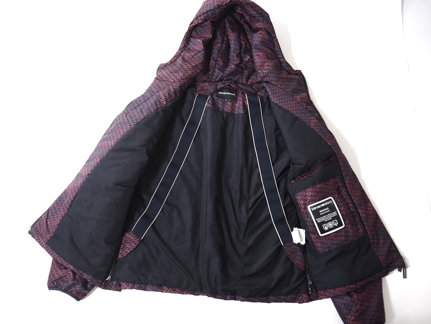 美品 エンポリオアルマーニ EMPORIO ARMANI 20年製 総柄 パデッド ジャケット 中綿 フード付き 54 ネイビー メンズ 正規品 5-ZJ026