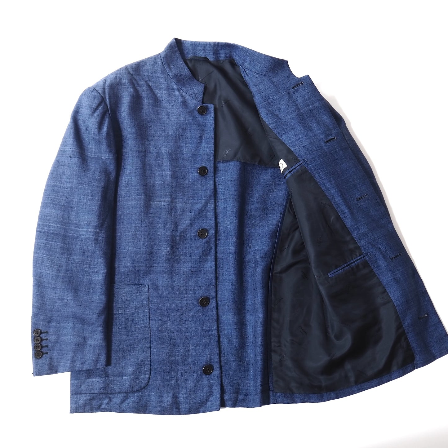 良品 エルメス HERMES ヴィンテージ イタリア製 ピュアシルク スタンドカラー ジャケット 48 ブルー メンズ 正規品 5-ZJ042