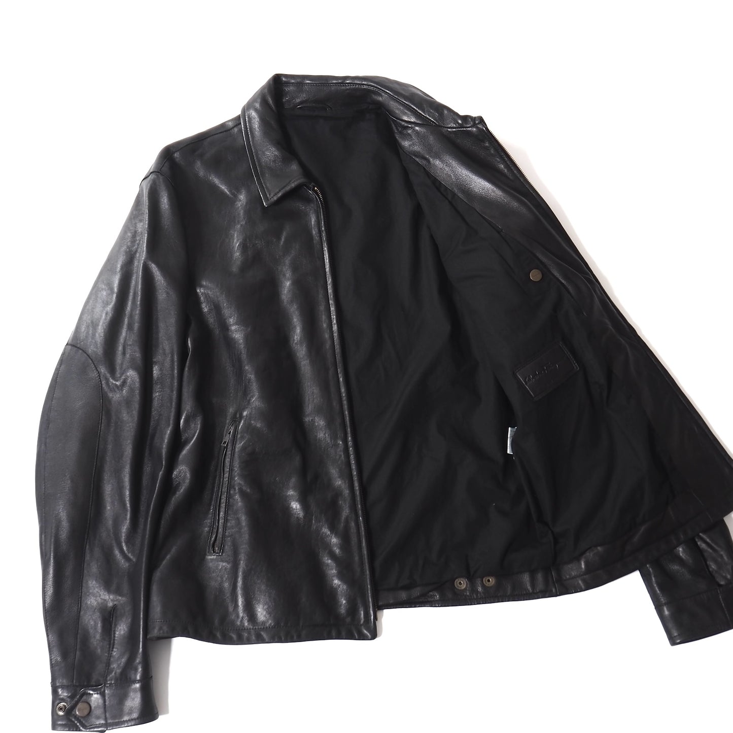 美品 サルヴァトーレフェラガモ Salvatore Ferragamo イタリア製 襟付き ダブルジップ レザー ジャケット 50 ブラック メンズ 正規品 5-ZJ043