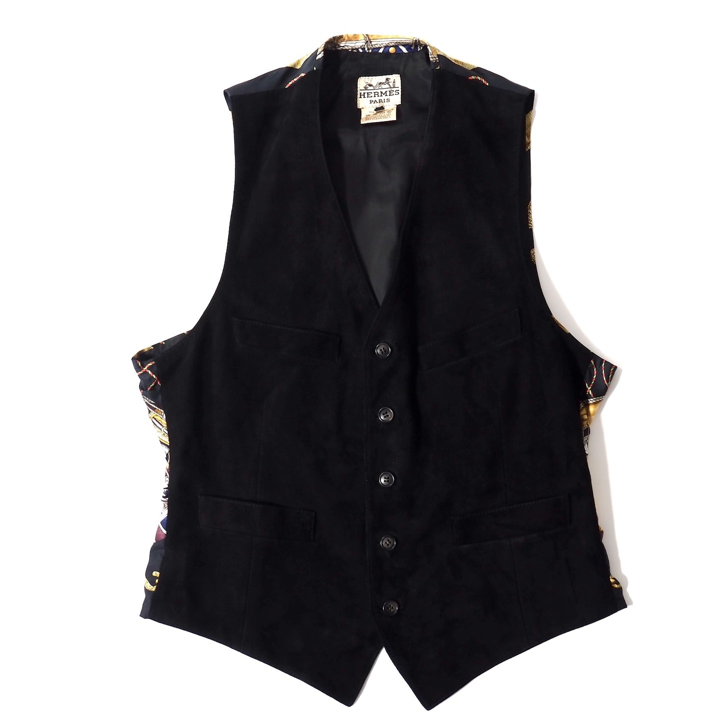 美品 エルメス HERMES ヴィンテージ スカーフ柄 シルク スエードレザー ベスト ジレ ジャケット 50 ブラック メンズ 正規品 5-ZJ046
