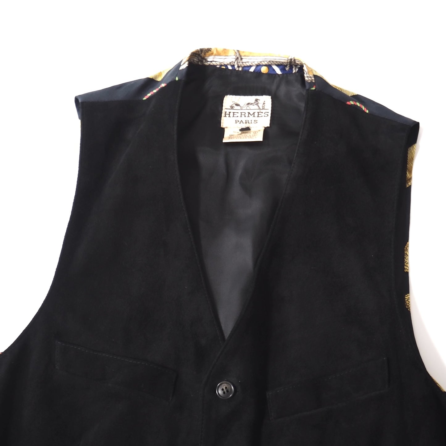 美品 エルメス HERMES ヴィンテージ スカーフ柄 シルク スエードレザー ベスト ジレ ジャケット 50 ブラック メンズ 正規品 5-ZJ046