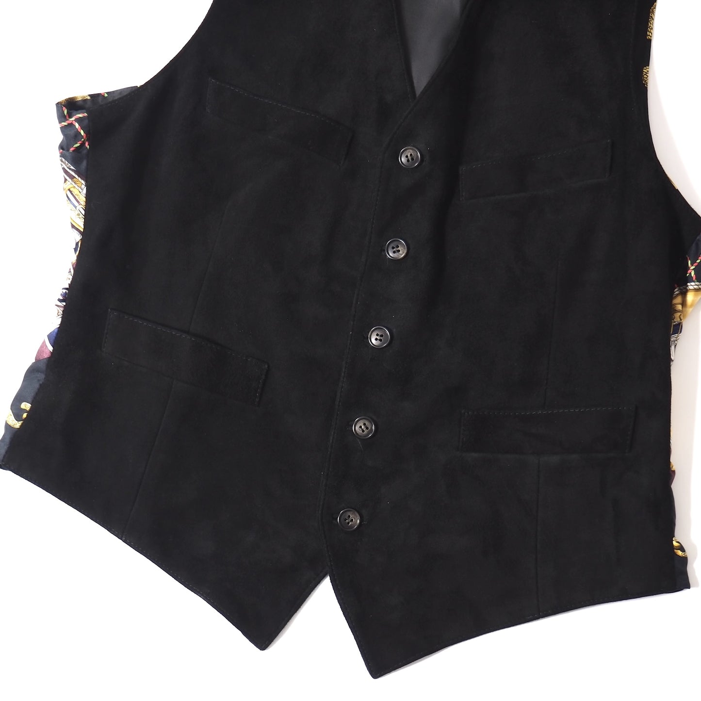 美品 エルメス HERMES ヴィンテージ スカーフ柄 シルク スエードレザー ベスト ジレ ジャケット 50 ブラック メンズ 正規品 5-ZJ046