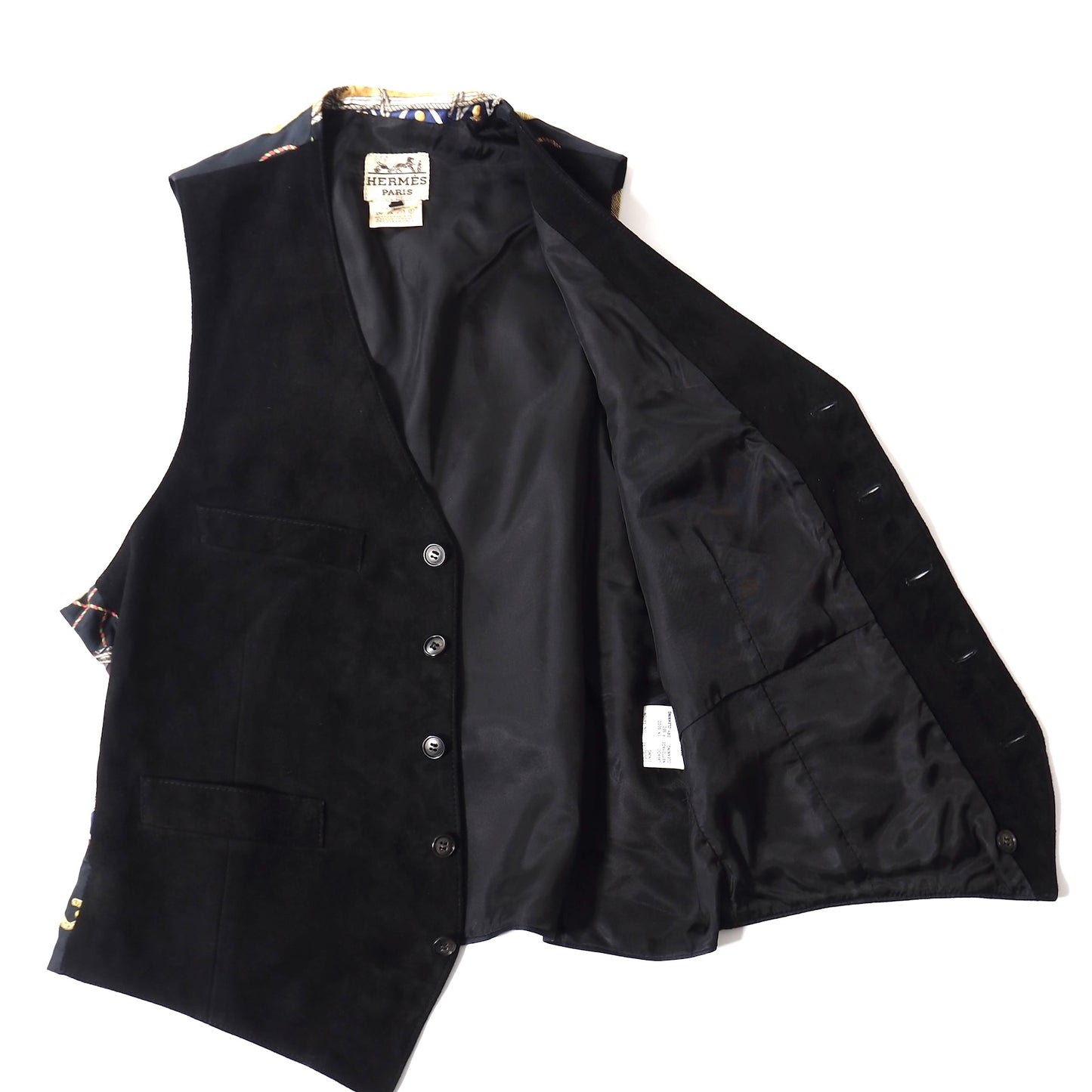 美品 エルメス HERMES ヴィンテージ スカーフ柄 シルク スエードレザー ベスト ジレ ジャケット 50 ブラック メンズ 正規品 5-ZJ046