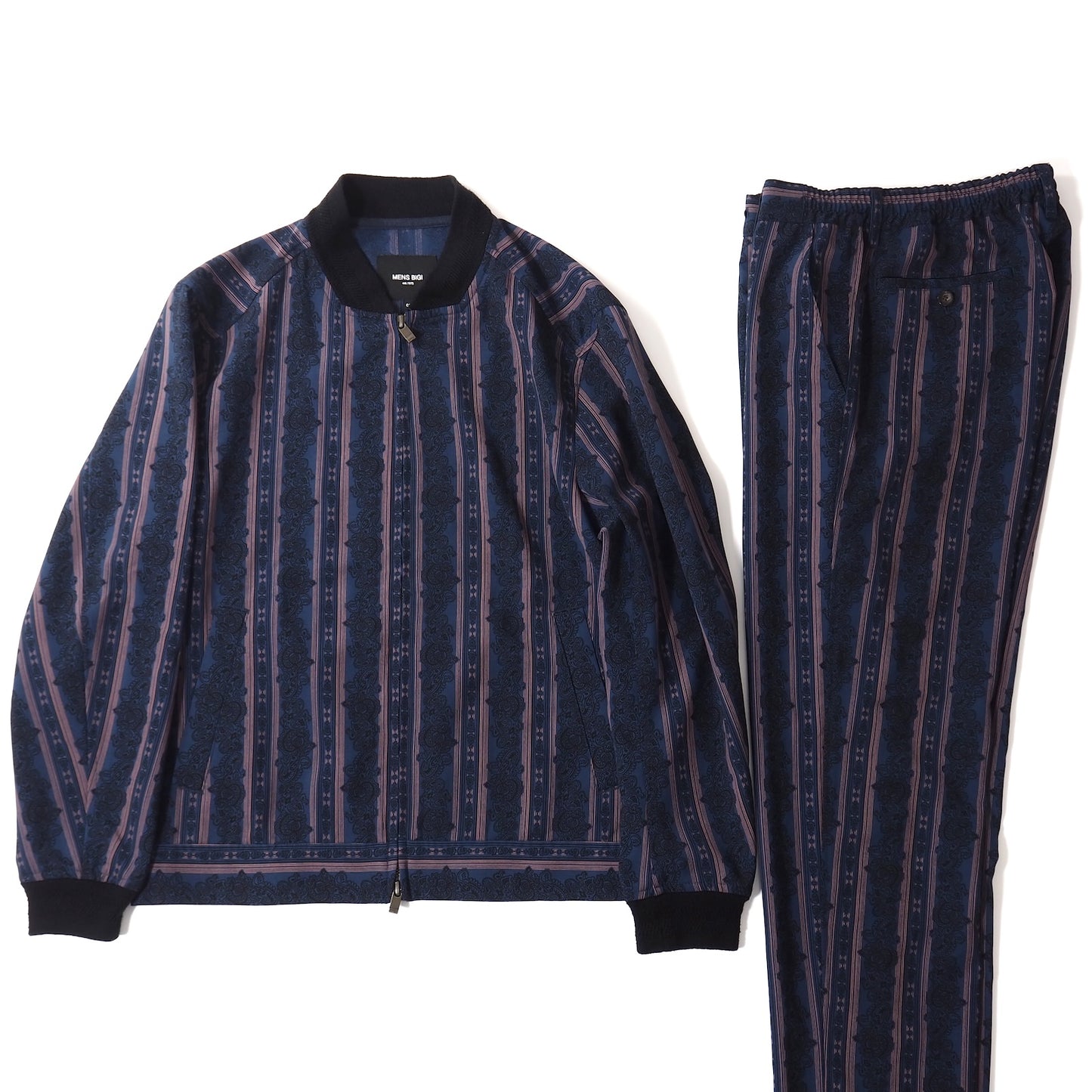 良品 メンズビギ MENS BIGI 総柄 ペイズリー柄 セットアップ ウエストゴム 01 ネイビー メンズ 正規品 5-ZJ052