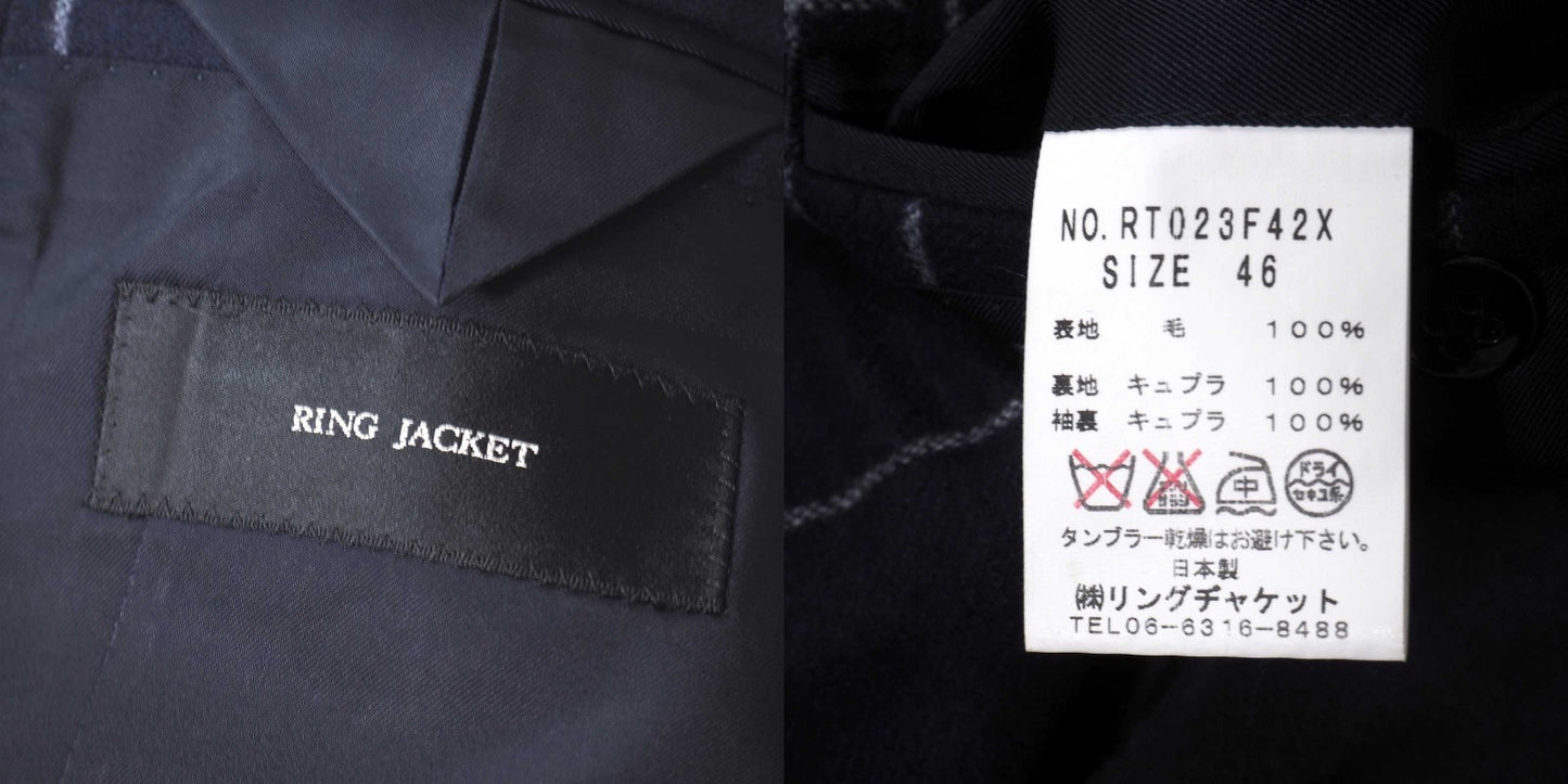美品 リングジャケット RING JACKET リングヂャケットウール ウール スーツ ジャケット パンツ 46 ネイビー ペーンチェック メンズ 正規品 5-ZJ056