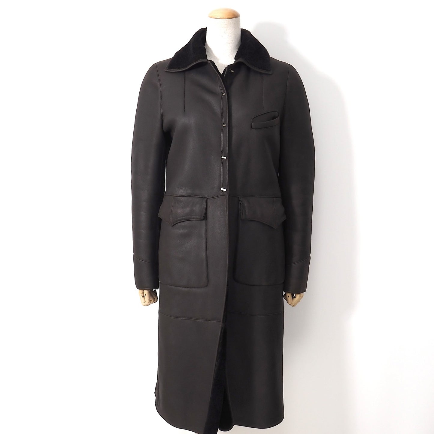 フェンディ FENDI ラムレザー ムートン コート 40 ダークブラウン レディース 正規品 5-ZK001