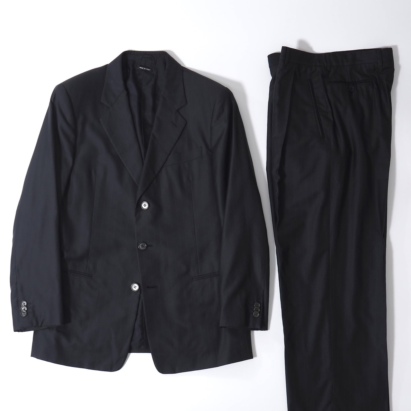 良品 ジョルジオアルマーニ GIORGIO ARMANI ウール シルク コットン ストライプ セットアップ スーツ ジャケット パンツ 50 ダークネイビー メンズ 正規品 5-ZK011