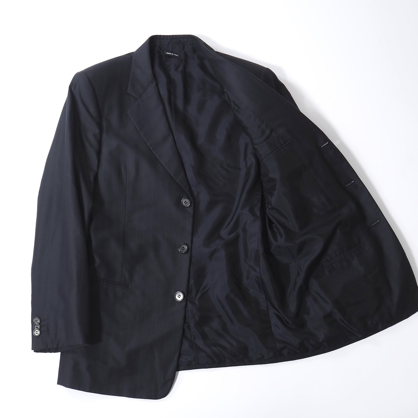 良品 ジョルジオアルマーニ GIORGIO ARMANI ウール シルク コットン ストライプ セットアップ スーツ ジャケット パンツ 50 ダークネイビー メンズ 正規品 5-ZK011