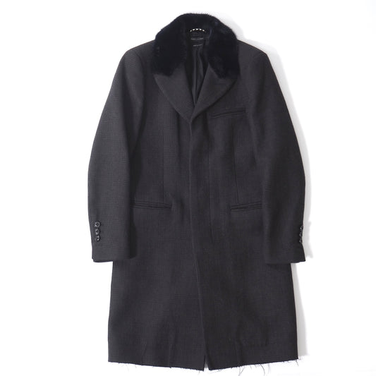 美品 マークジェイコブス MARC JACOBS イタリア製 コットン ウール ミンクファートリム コート 44 ダークグレー チェック メンズ 正規品 5-ZK028