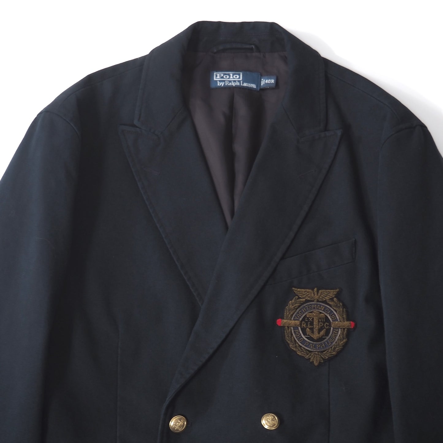 ポロラルフローレン Polo by Ralph Lauren エンブロイダリー エンブレム刺繍 金ボタン ダブルブレスト ジャケット US40 ダークネイビー メンズ 正規品 5-ZK033