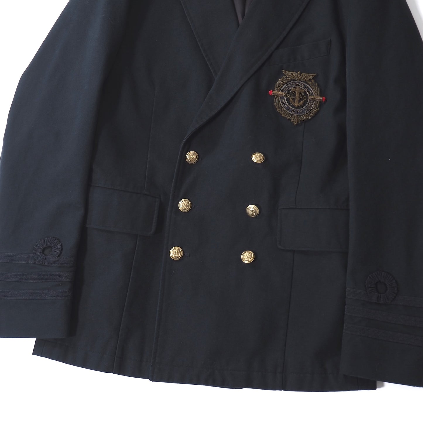 ポロラルフローレン Polo by Ralph Lauren エンブロイダリー エンブレム刺繍 金ボタン ダブルブレスト ジャケット US40 ダークネイビー メンズ 正規品 5-ZK033