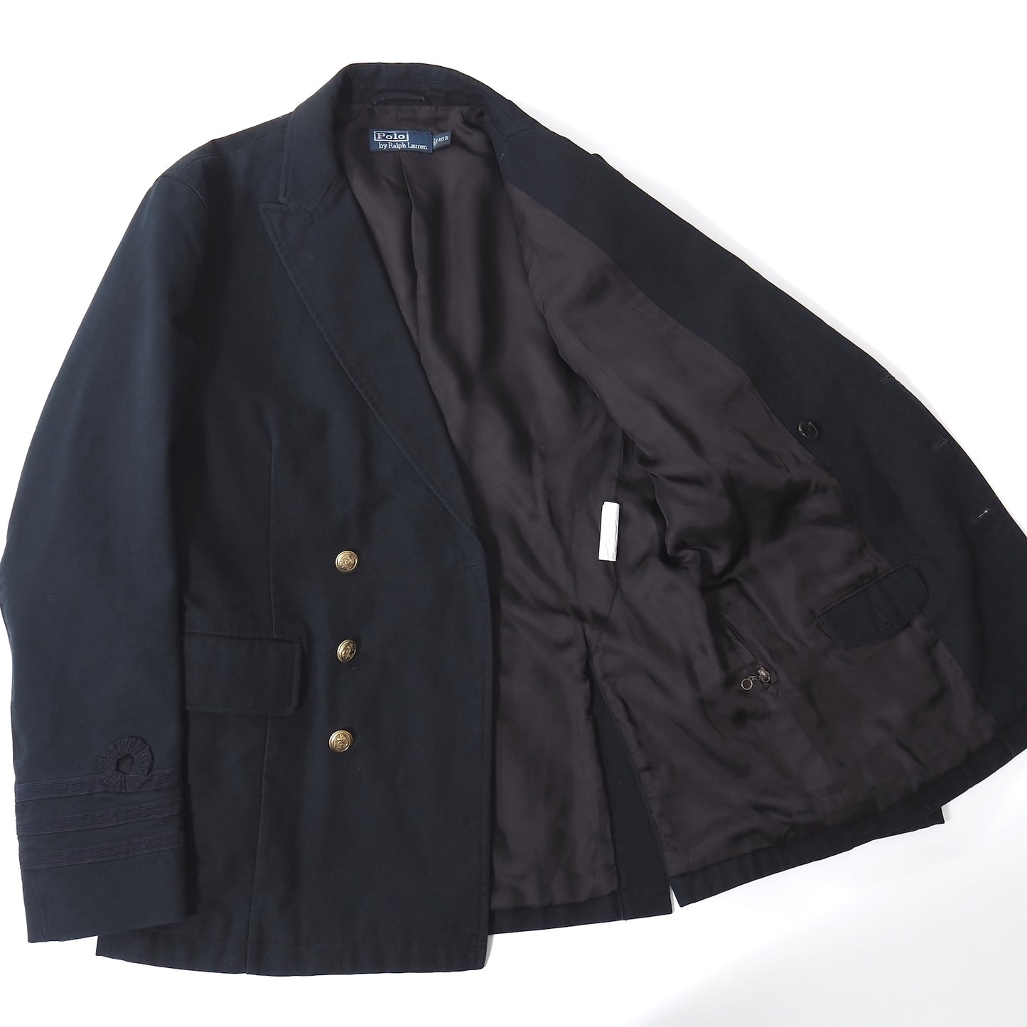 ポロラルフローレン Polo by Ralph Lauren エンブロイダリー エンブレム刺繍 金ボタン ダブルブレスト ジャケット US40 ダークネイビー メンズ 正規品 5-ZK033
