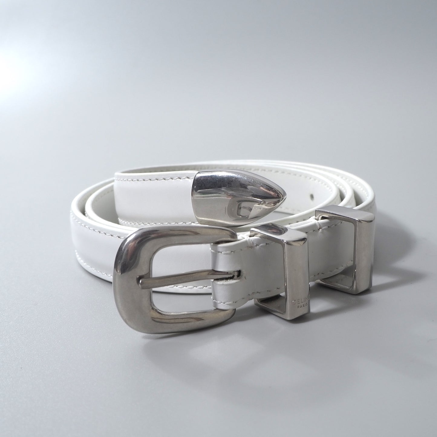 美品 セリーヌ CELINE エディ期 レザー ウェスタンベルト ホワイト 75 レディース 保存袋付 正規品 6-AD004