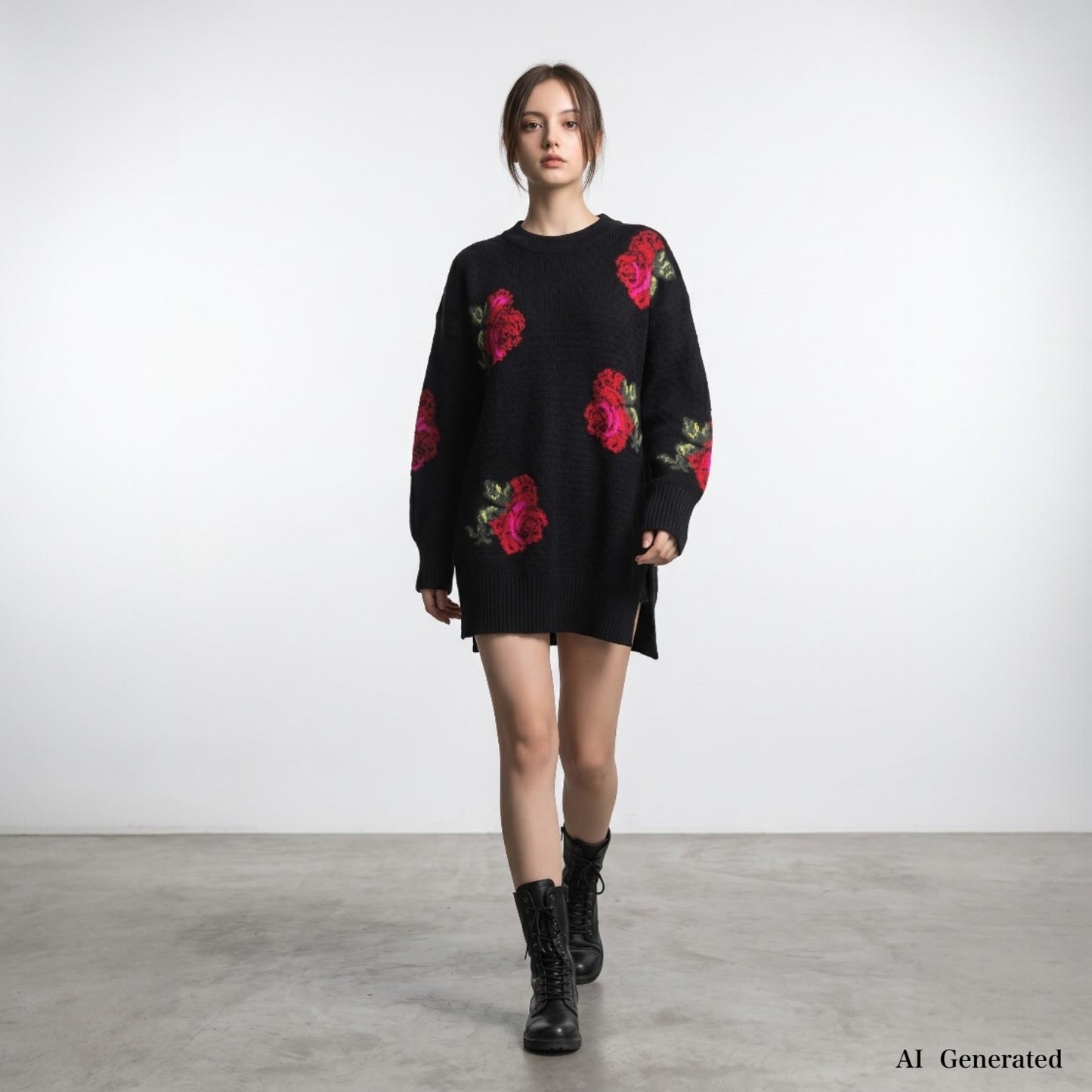 美品 ヴェルサーチ VERSACE イタリア製 ウール ローズ柄 長袖 ニット 36 ブラック レディース 正規品 6-AD013