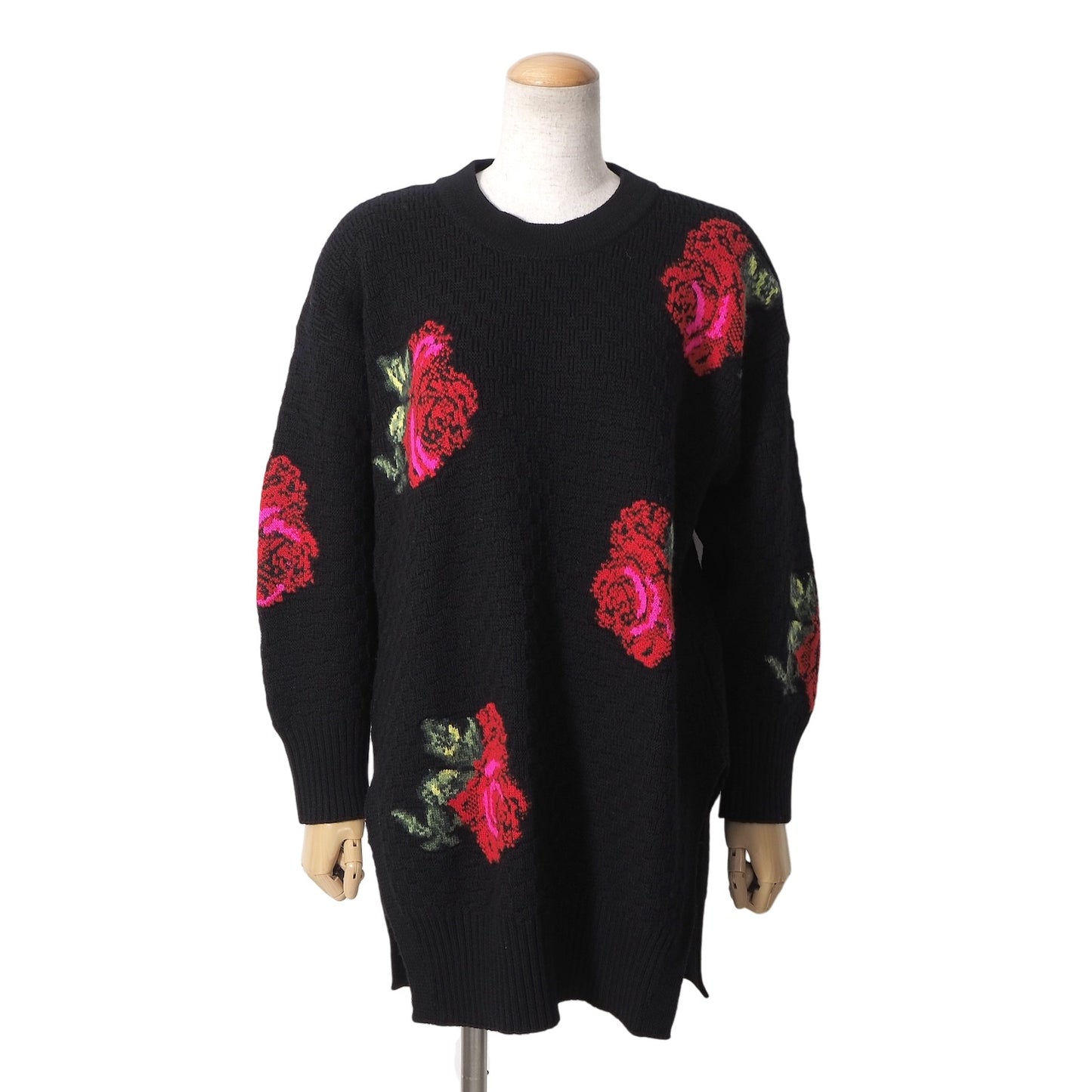 美品 ヴェルサーチ VERSACE イタリア製 ウール ローズ柄 長袖 ニット 36 ブラック レディース 正規品 6-AD013