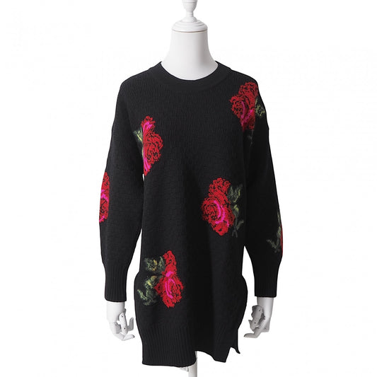 美品 ヴェルサーチ VERSACE イタリア製 ウール ローズ柄 長袖 ニット 36 ブラック レディース 正規品 6-AD013