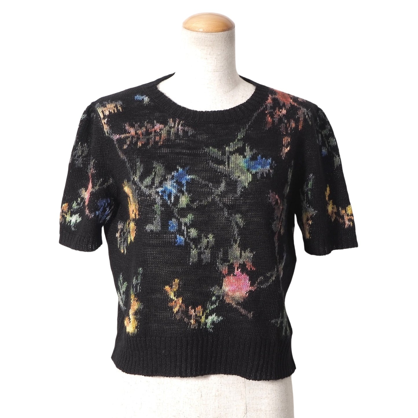 美品 クリスチャンディオール Christian Dior イタリア製 23年製 総柄 半袖 ニット 42 ブラック 花柄 レディース 正規品 6-AD015