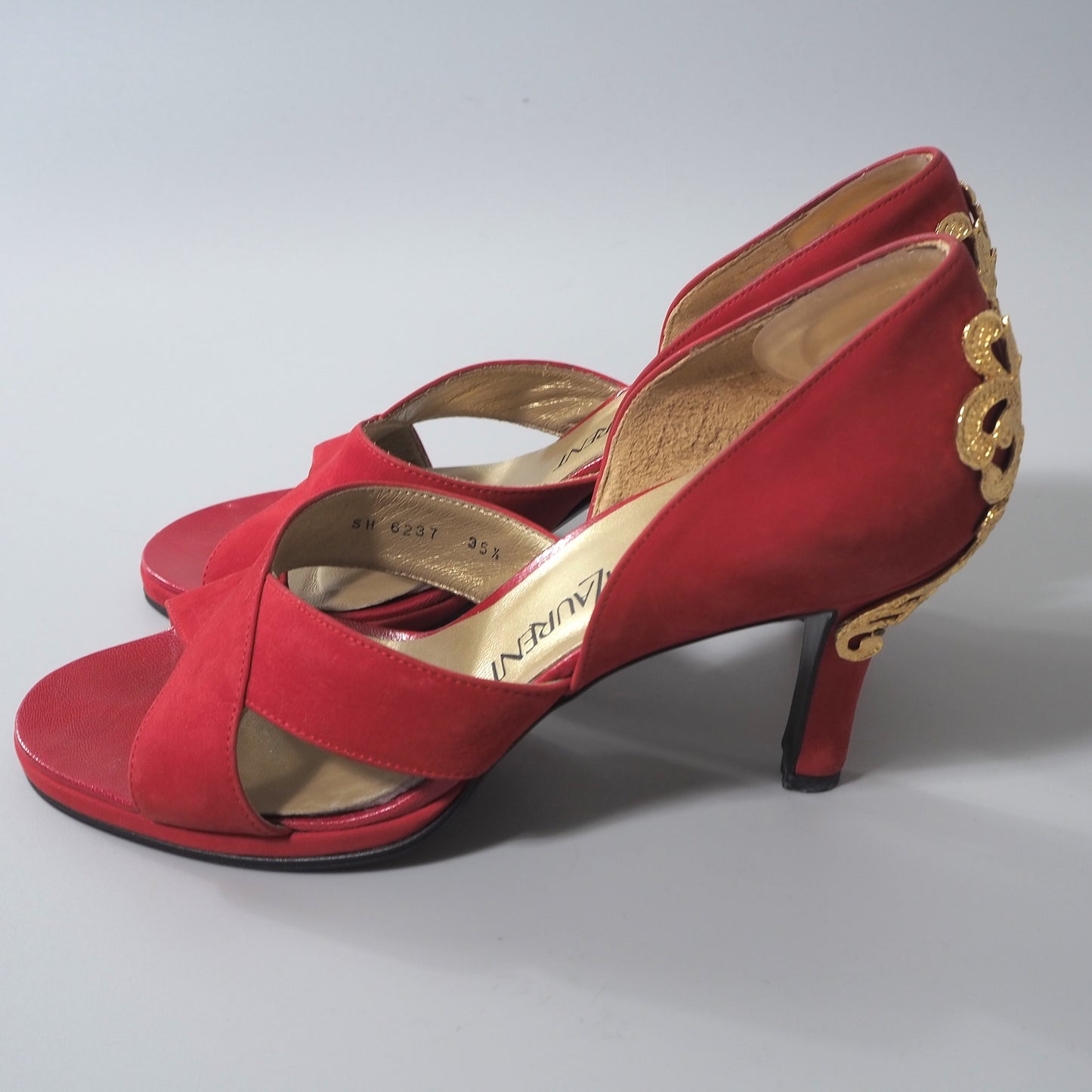 イヴ・サンローラン YVES SAINT LAURENT スエード ヒール パンプス 35.5 22.5㎝相当 レッド レディース 正規品 6-AD024