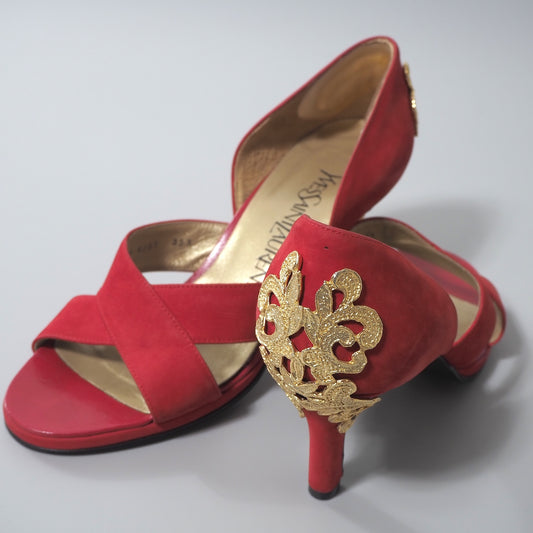 イヴ・サンローラン YVES SAINT LAURENT スエード ヒール パンプス 35.5 22.5㎝相当 レッド レディース 正規品 6-AD024