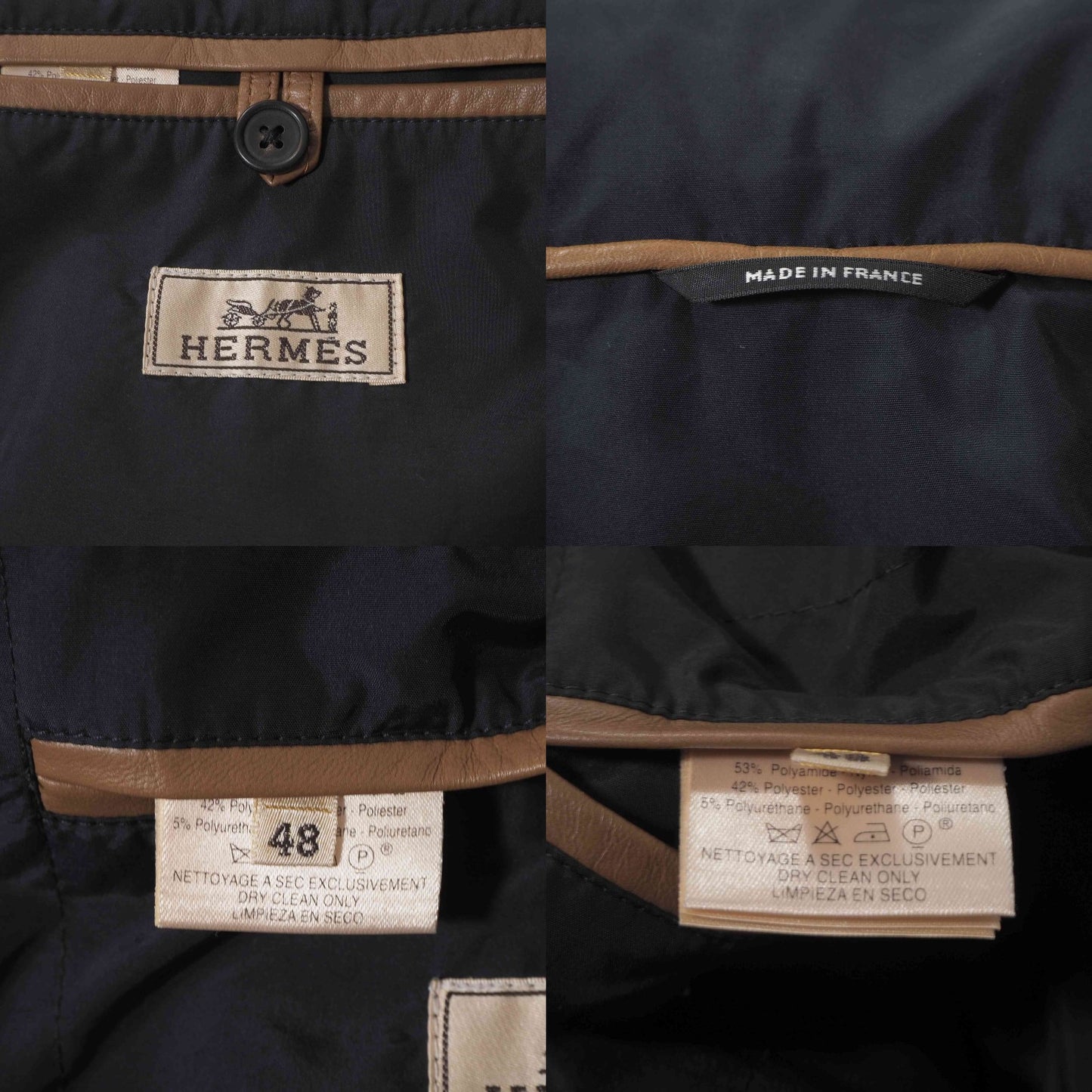 美品 エルメス HERMES フランス製 レザートリム パデッド ジャケット コート ブルゾン 中綿 48 ネイビー メンズ 正規品 6-DE034