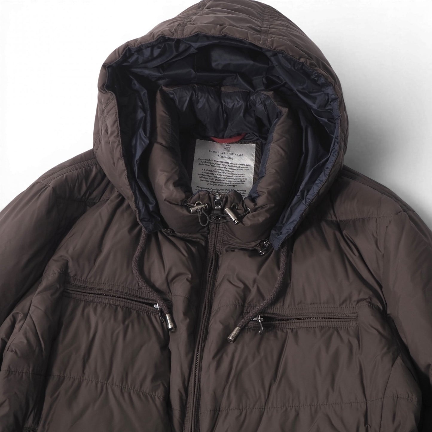 美品 ブルネロクチネリ BRUNELLO CUCINELLI イタリア製 フーデッド ダウンジャケット M ブラウン ハンガー付 メンズ 正規品 6-DE035