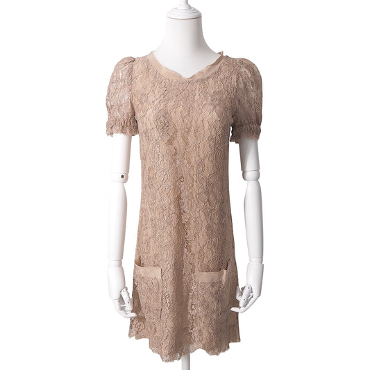 美品 ドルチェ＆ガッバーナ DOLCE＆GABBANA シルク レース 半袖 ワンピース 36 ピンクベージュ レディース 正規品 6-DE040