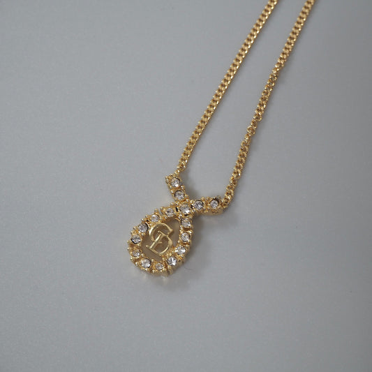美品 クリスチャンディオール Christian Dior CD ラインストーン ネックレス ゴールド レディース 正規品 6-EC019