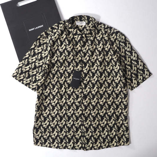 未使用 サンローランパリ SAINT LAURENT PARIS シルク 半袖 シャツ 40 ブラック ベージュ メンズ 正規品 6-HT006