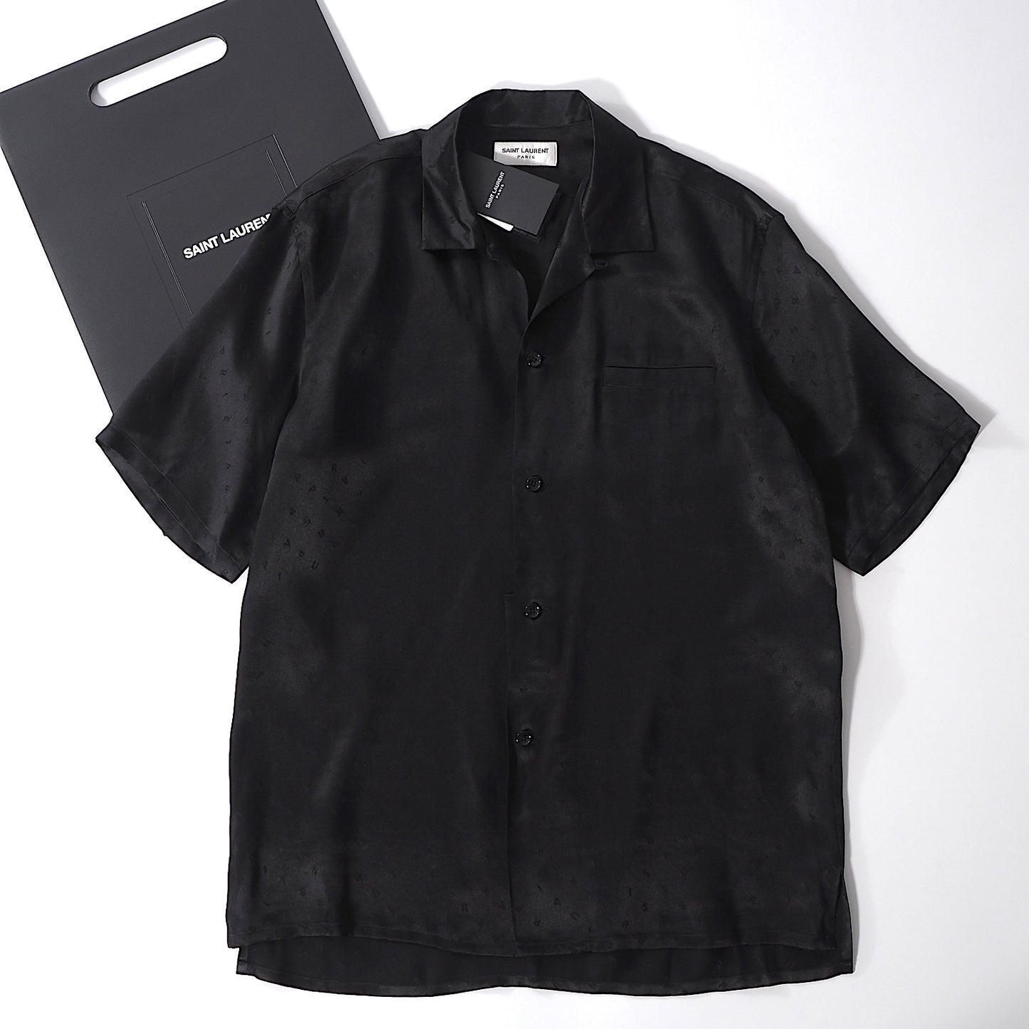 未使用 サンローランパリ SAINT LAURENT PARIS ピュアシルク 半袖 シャツ 39 ブラック メンズ 正規品 6-HT007