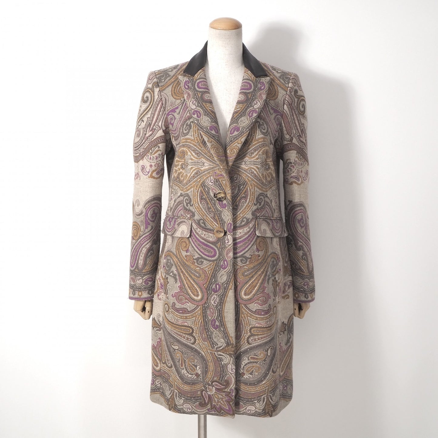 美品 エトロ ETRO イタリア製 レザーディテール コート 42 ペイズリー マルチカラー レディース 正規品 6-OB001