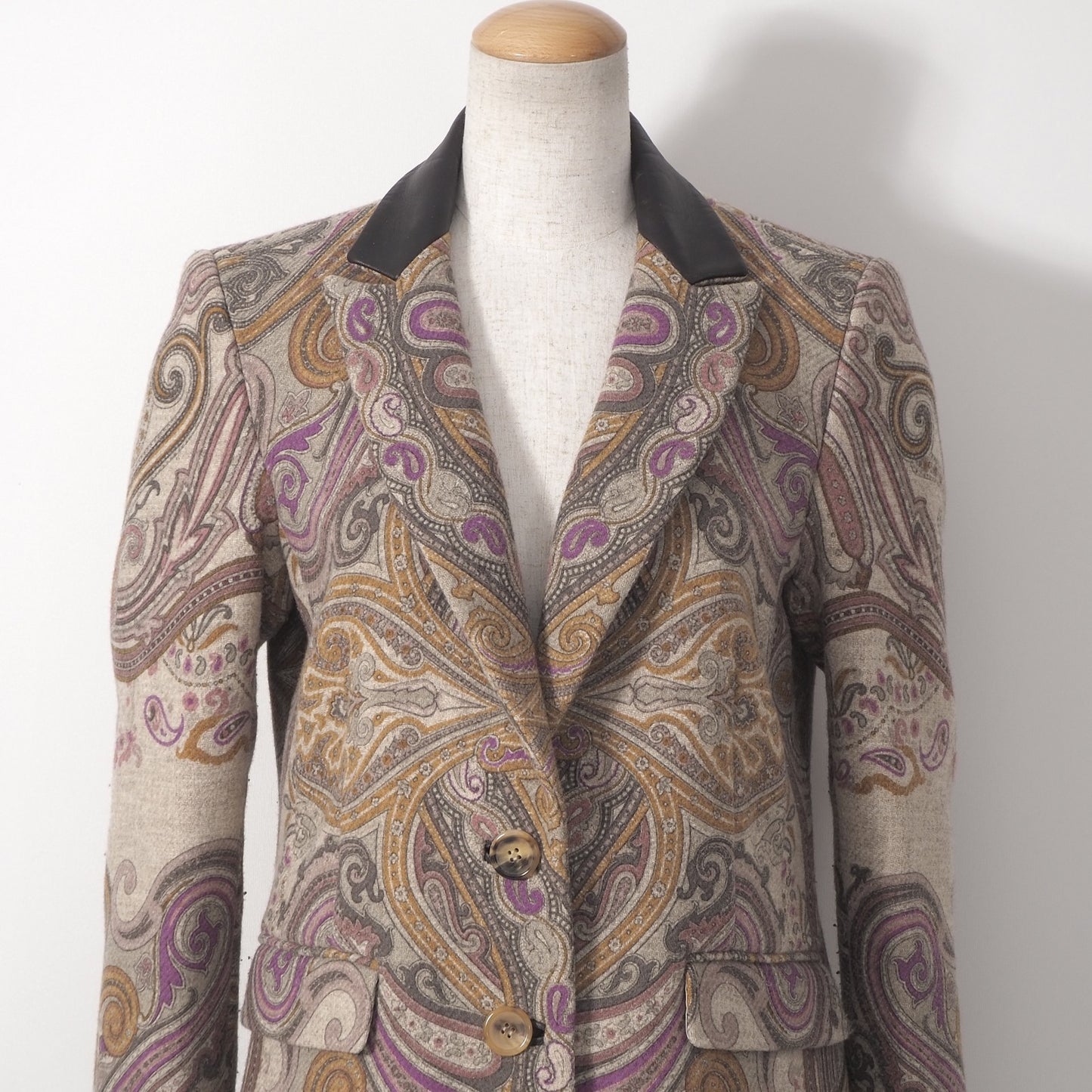 美品 エトロ ETRO イタリア製 レザーディテール コート 42 ペイズリー マルチカラー レディース 正規品 6-OB001