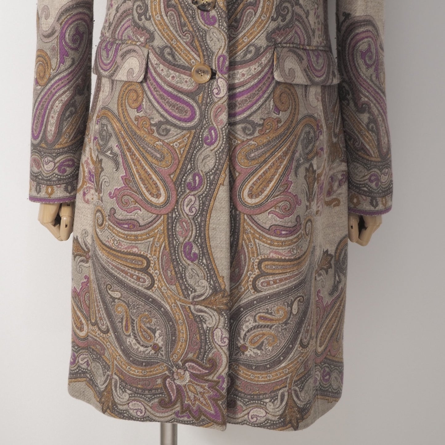 美品 エトロ ETRO イタリア製 レザーディテール コート 42 ペイズリー マルチカラー レディース 正規品 6-OB001